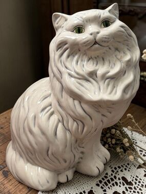 Vintage Large Ceramic Persian Cat Figurine Statue White Gray Green Eyes 14”